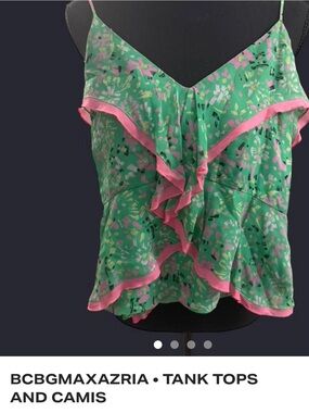 BCBGMaxAzria Green Floral Ruffle Camisole with Pink Trim
